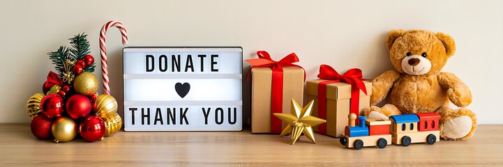 Holiday donation concept with gifts toys and thank you message

