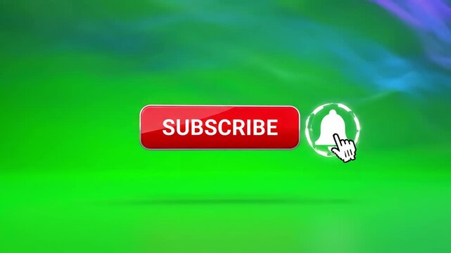 Green Screen animated youtube subscribe button for video overlay like bell notification to channel scene 1 with distortion, overlay, glitch, static noise, scan lines on black background, 4k loop