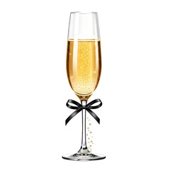 Elegant flute glass filled with sparkling champagne and a black ribbon bow on a black background
