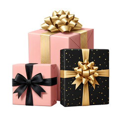 Three festive gift boxes with ribbons and bows one pink one black with gold stars and one pink with gold ribbon arranged on a black background