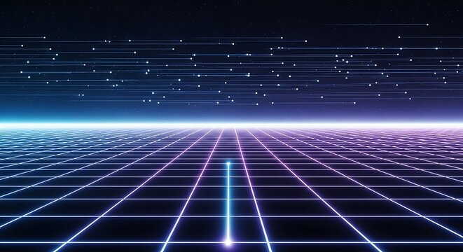 Immersive virtual reality landscape with glowing grid and starry sky for a futuristic digital experience or a dynamic technology presentation backdrop