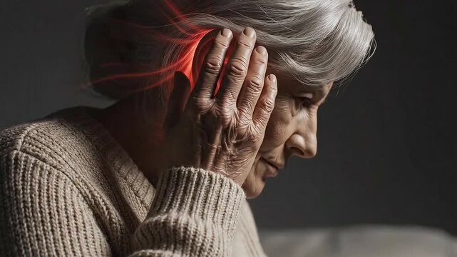 Elderly Woman with Headache Touching Temple Showing Head Pain Symptom In Gray Background