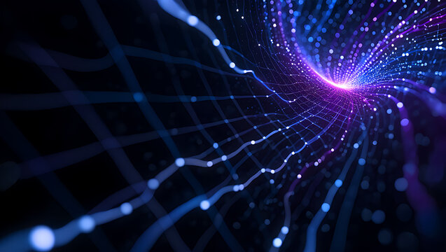 Abstract swirling vortex of glowing blue and purple fiber optic strands with bright light at the center representing data transfer and digital connections in a futuristic network