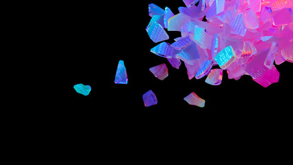 Abstract explosion of vibrant neon pink and electric blue light fragments against a deep black background creating a dynamic and energetic visual effect