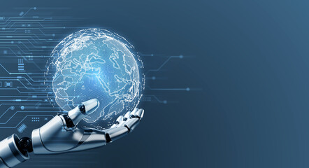 Futuristic technology concept with robotic hand hold digital world globe and circuit pattern, symbolizing AI, robotics, global data, digital transformation, innovation, evolution and tech revolution. © tete_escape
