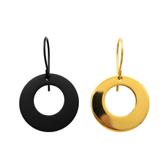 Two modern minimalist circular hoop earrings one matte black and one shiny gold on a black background