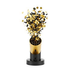 Golden confetti popper exploding with glitter and streamers against a black background
