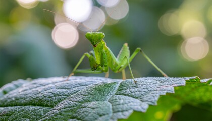 Green grasshopper insect closeup on a leaf in nature, like a macro animal bug or locust
