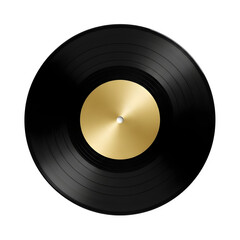 Close up view of a black vinyl record with a shiny gold label in the center against a black background