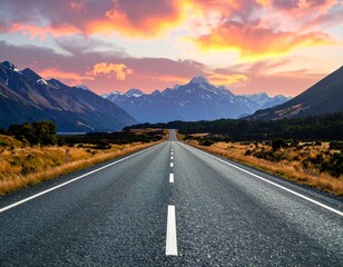 Asphalt road leads toward snow-capped mountains beneath a vibrant sunset