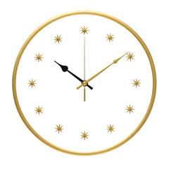 Elegant gold framed clock with sparkling star shaped hour markers on a dark black background