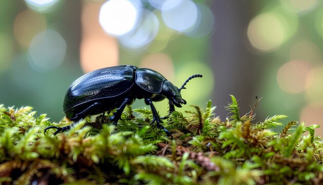 Stag beetle, a black insect macro close-up on a green leaf in nature wildlife