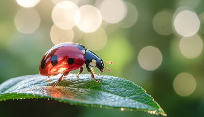 Small red and black ladybug beetle on a green leaf in the nature garden, closeup macro shot