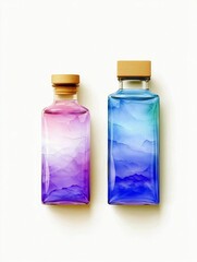 Two square glass bottles, one filled with purple and pink liquid art and the other with blue and green liquid art, are displayed against a white background.
