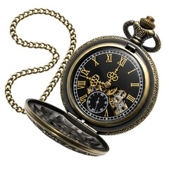 Antique mechanical pocket watch with intricate gears and roman numerals on a dark background