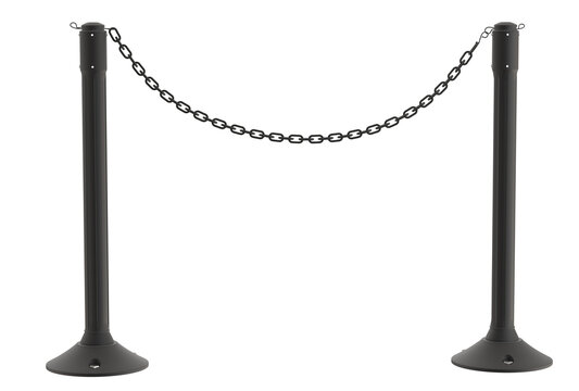 Fence on posts. Black Plastic Stanchion Chain . Queue stanchions with metal chain isolated. 