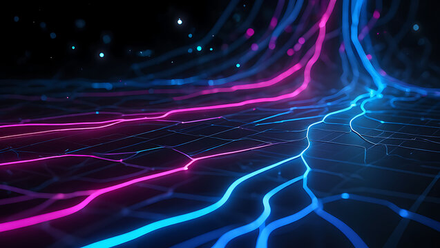 Abstract digital network of glowing neon blue and pink light trails flowing through a dark futuristic grid representing data transfer and connectivity