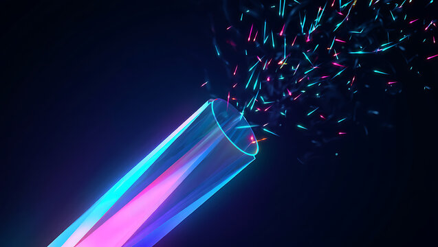 Abstract explosion of glowing particles erupting from a transparent tube with vibrant neon blue and pink light against a dark background representing innovation and energy