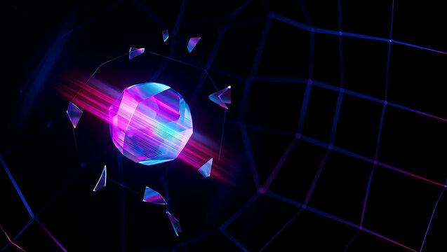 Abstract glowing crystal or gem illuminated with vibrant pink and blue neon lights against a dark background with subtle geometric patterns suggesting a futuristic or magical setting