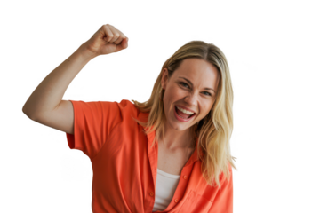Woman flexing arm isolated on transparent background
