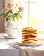 Golden Pancakes Stack with Syrup and Roses by Window Light