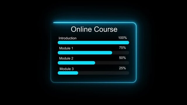 Digital Learning Progress Tracker Showing Online Course Modules and Completion Percentages. holography neon line animation.3d