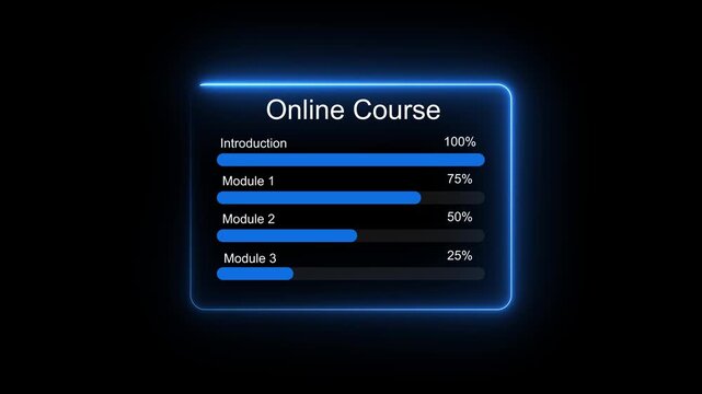 Digital Learning Progress Tracker Showing Online Course Modules and Completion Percentages. holography neon line animation.3d