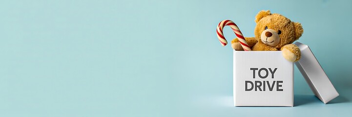 Toy drive donation box with teddy bear and candy cane on blue background
