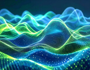 A vibrant abstract composition shows flowing, illuminated patterns resembling undulating landscapes with a digital aesthetic. The colors transition across the scene