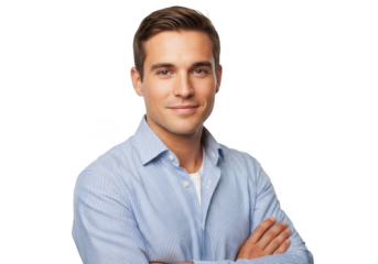 Young man in striped shirt arms crossed isolated on transparent background