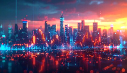 Futuristic Cityscape with Vibrant Lights and Reflections at Sunset.
