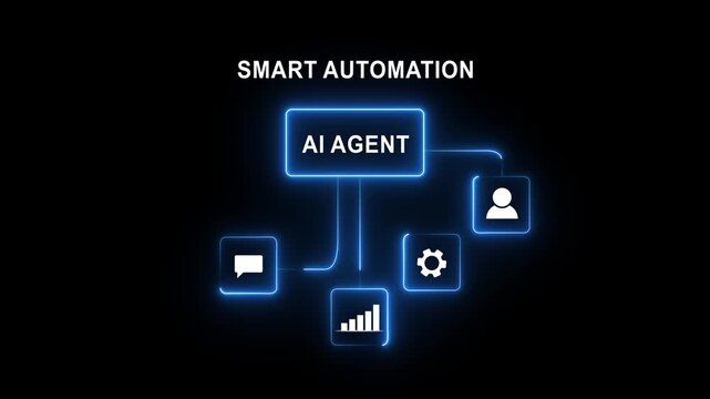 3D AI Agent Workflow for Smart Automation with Communication, Analytics, and User Icons. futuristic technology network illustration