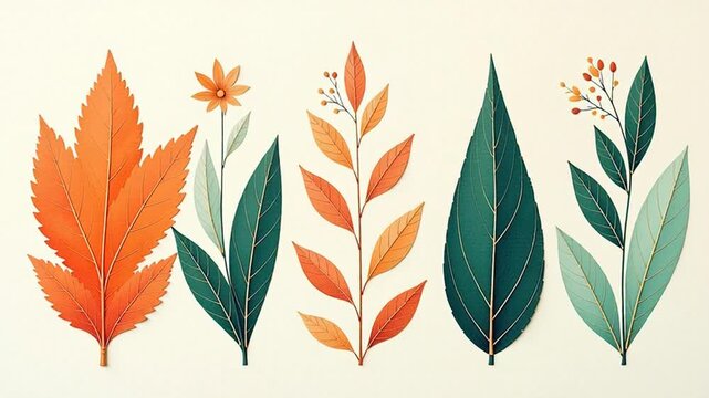 Vibrant autumn leaves and delicate floral branches arranged in a stylish, modern composition with warm, inviting colors