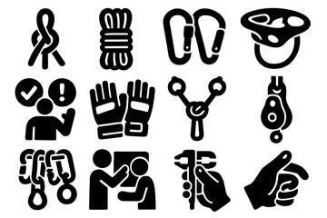 Climbing Icon Set. Technical Skills bold vector icon set: knot tying, rope coiling, carabiner set, belay device, safety checks, climbing gloves, anchor points, pulley system, gear