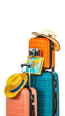 Naklejka premium Colorful travel suitcases with summer hats and world map ready for vacation trip 