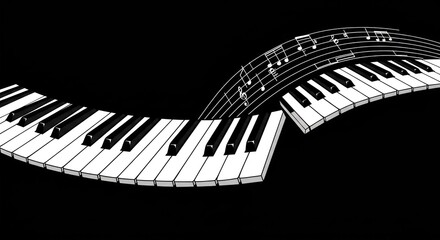 Naklejka premium Curving piano keyboard illustration with musical notes flowing above the keys, depicting a black and white musical composition with a creative, artistic design, showcasing a flowing and elegant...