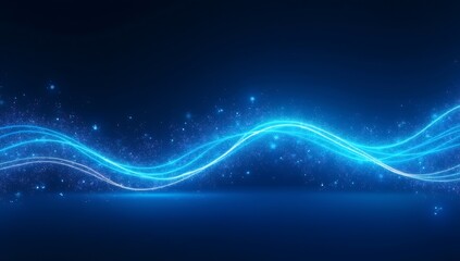 Fototapeta premium Dynamic blue energy particles forming a flowing wave, futuristic glowing motion trail on dark background, representing technology and speed.