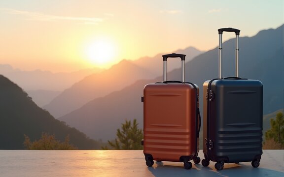 Professional, sturdy suitcases set outside. Mountains and the rising sun in the background. Mountain view. Advertising banner for bag, luggage or protective packaging. Holiday time. Generative AI.