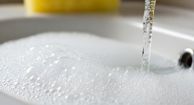 Closeup of water running into a sink filled with soap bubbles and foam