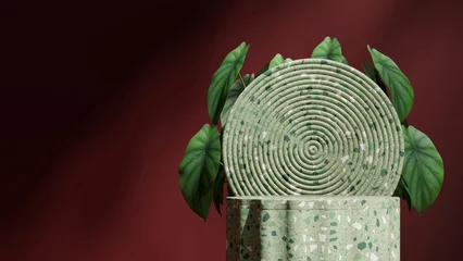 Selbstklebende Fototapeten Bordeaux 3d render blank space terrazzo texture curved cylinder in landscape circle backdrop  © Faustudio