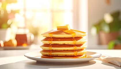 Golden Stack of Pancakes with Butter and Syrup