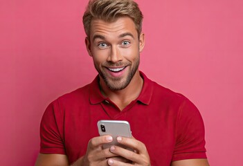 a man in a red polo shirt appears excited while looking at his phone, isolated on a pink background