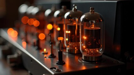 Captivating vintage amplifier tubes glow with warm inviting light, hinting at powerful audio performance and nostalgic sound experiences.