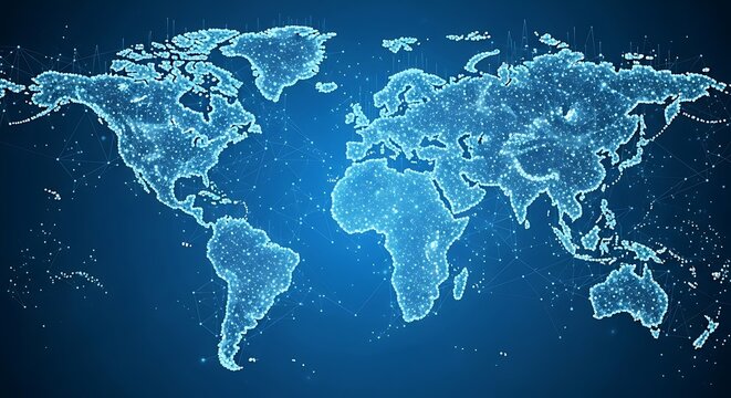 Global digital network connecting the world, showing worldwide communication and data transfer in stunning blue, perfect for technology and business concepts