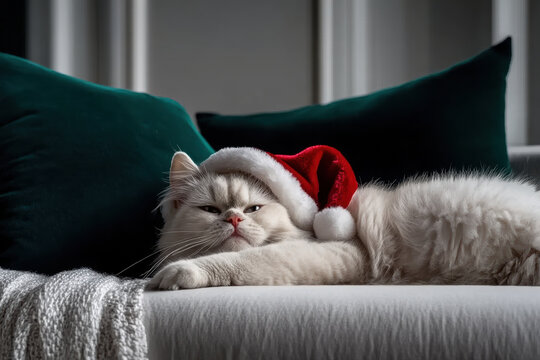 Cuddly Cat in Santa Hat Relaxing on Cozy Couch with Dark Pillows