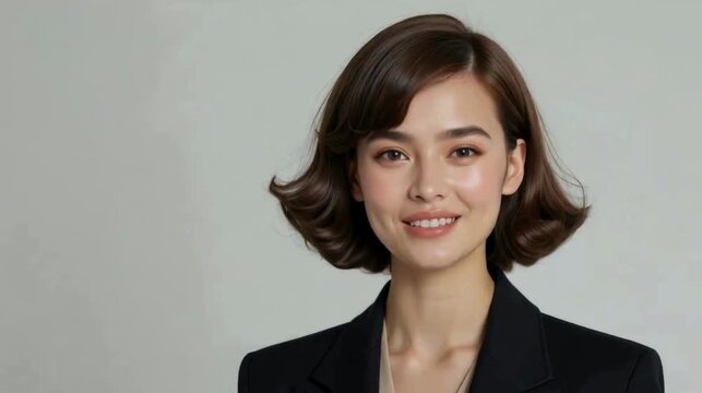 A portrait of a young woman with stylish hair, wearing a black blazer, exuding confidence and elegance against a neutral background. MC speaking talking explain video
