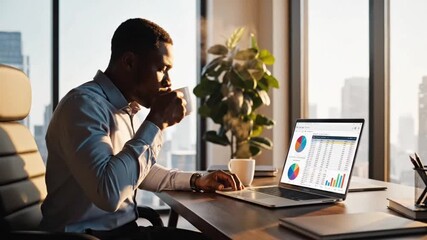 AI Data Visualization Timelapse, African American Man Watches in Office - Powered by Adobe