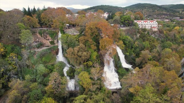Edessa Waterfalls Aerial Point of Interest Shot, Autumn Colors in Nature Landscape in North Greece Countryside