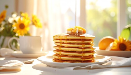 Golden Stack of Pancakes with Syrup and Sunflowers