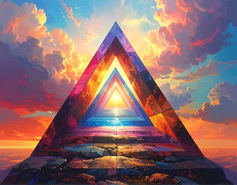 Surreal digital painting of a pyramid tunnel opening to a sunset